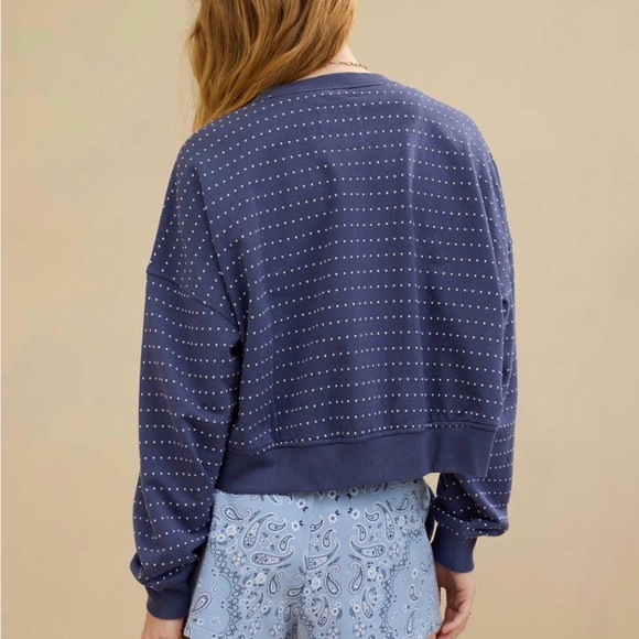 Aerie Take It Easy Crew Cropped Sweatshirt Sweater Embroidered Dots Blue Medium. - Picture 2 of 11